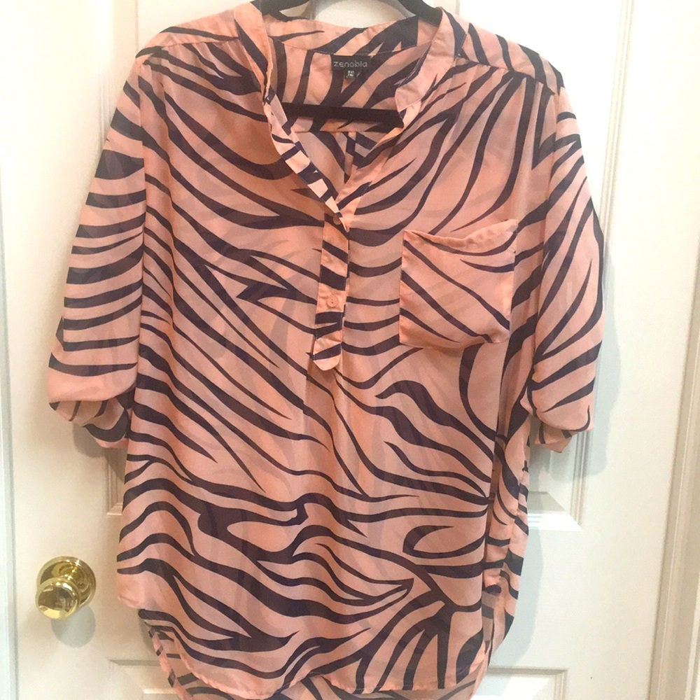 Semi-Sheer Chiffon Top, Peach & Black Zebra Print Roll Sleeves - Picture 7 of 9